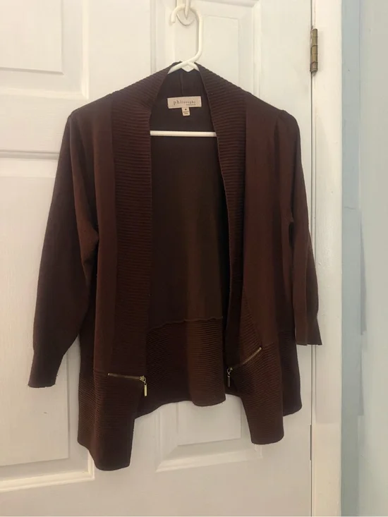 Philosophy Chocolate Brown Open-Front Zip-Pocket Cardigan Medium