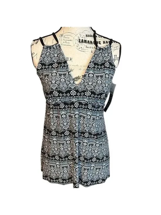 Dreamsuit Tankini Top by Miracle Brands Slimming Black Gray Multi Size 12 New