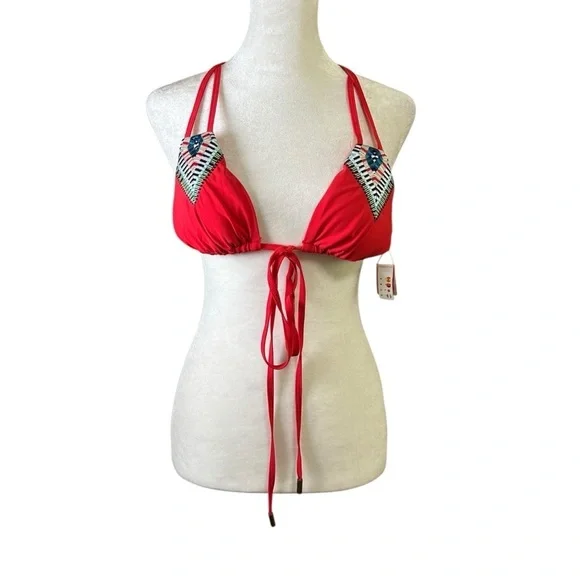 Red Carter Embroidered Bikini Top Size M (8) Strappy Removable Pads Convertible