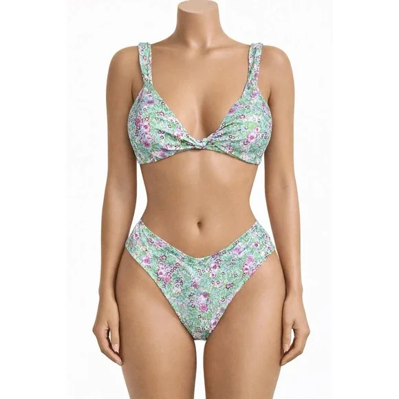 Womens‎ Ruched Swimsuits Bikini Set High-Cut Bottom Small Green Floral Stretch
