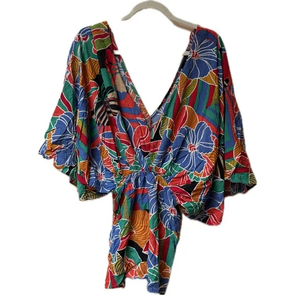 Aakaa Tropical Print‎ Vacation Resort Beach Romper Swim Coverup Women's Sz S