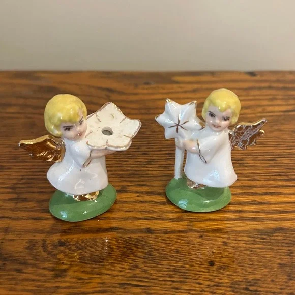 Vintage Pair of Porcelain Angel Figurines 2.5'' Miniature Cherubs Candle Holders