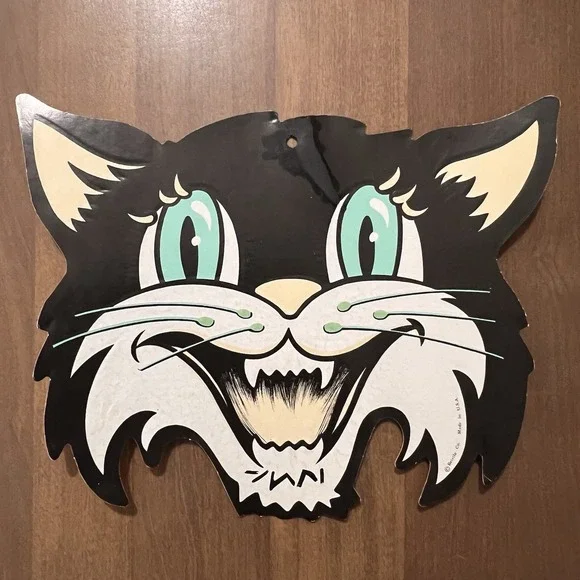 Vintage Halloween Beistle Large Embossed Black Cat Whiskers Die Cut 11