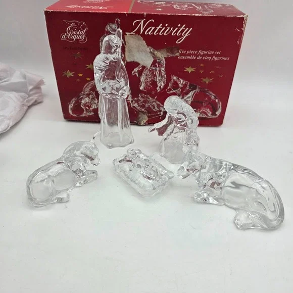 Vintage Cristal D'Arques 24% Lead Crystal 5 pc Nativity Figurine Box Set France
