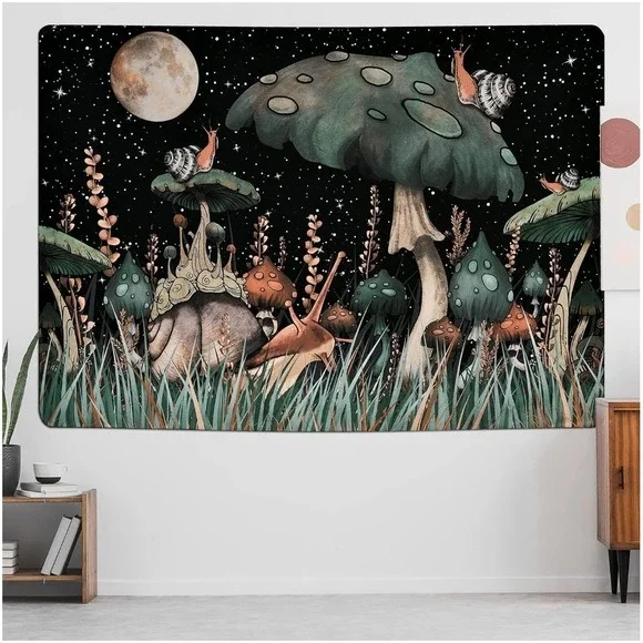 Trippy Mushroom Tapestry Fantasy Moon and Stars with Snail Flowers 59