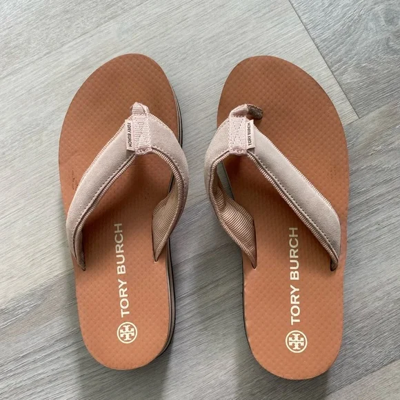Tory Burch Tan and Blush Thong Sandals with Logo Footbed