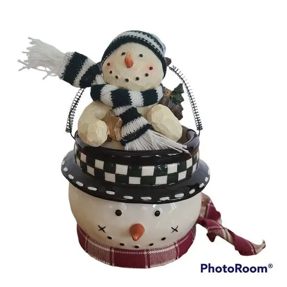 Vintage Wood-Look Snowman Figurine & Ceramic Snowman Bucket Pail Snowman Lot