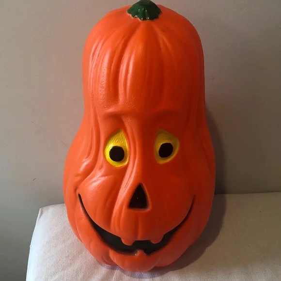 Vintage Lighted Halloween Blow Mold Happy Pumpkin Gourd Yellow Eyes 21” Tall