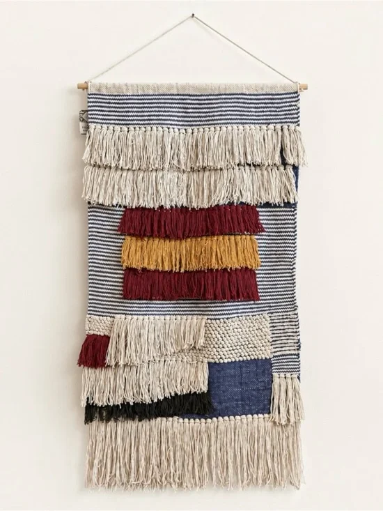 Artisan Market Boho Woven Wall Hanging Navy Burgundy Cotton Fringe Tapestry NWT