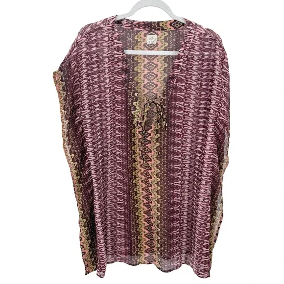 ONeill Womens Pink Purple Ikat Tribal Print Sheer‎ Tie Front Swim Cover Up M