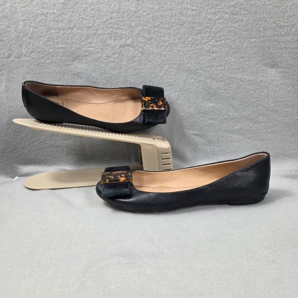 Tory Burch Black Leather Ballet Flats Tortoiseshell Bow Logo Buckle Womens 6M