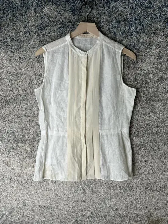 Tory Burch Blouse Womens Small White Silk Linen Pleated Sleeveless Collared Top
