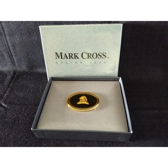 MARK CROSS Money Clip Lions Head Logo Black Gold-Tone Oval Rare NOS Original Box