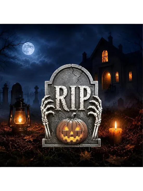 Halloween Tombstones Outdoor Decorations, Metal RIP Graveyard Yard Stake