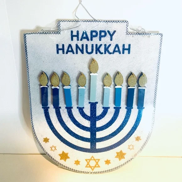 Happy Hanukkah Sign, Menorah Wall Decor By Ashland - Blue & Gold Glitter Shield