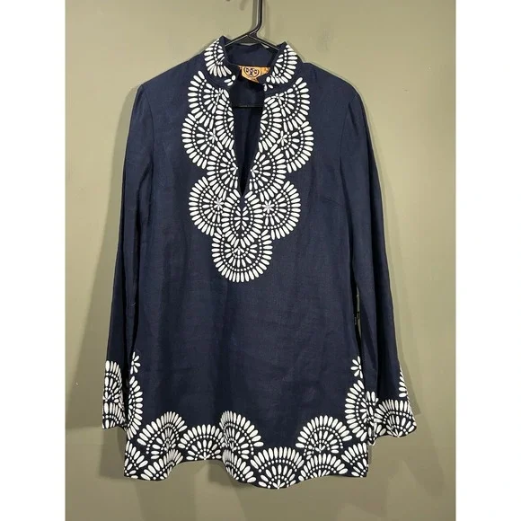 Tory Burch Women's Navy White Linen Tunic Top Sz 8 Boho Chic Preppy Coastal