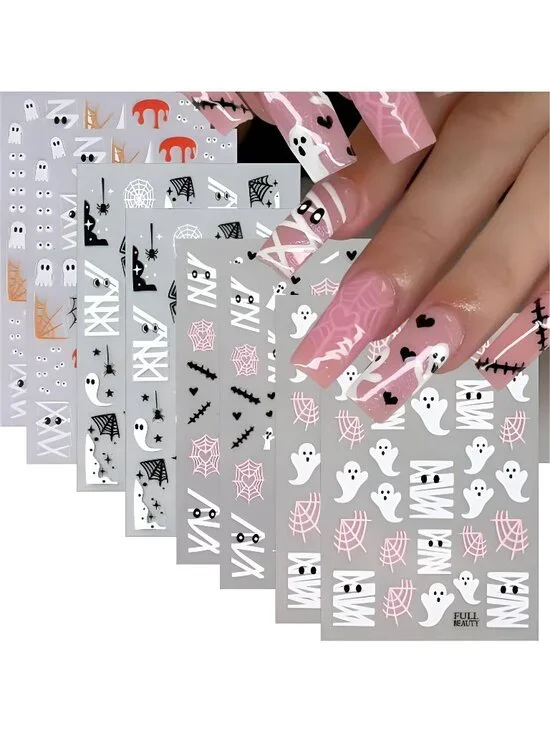 8 Sheets Halloween Nail Stickers Spider Nail Art Stickers 3D Self-Adhesive