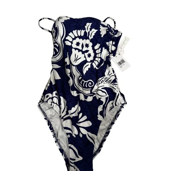 Sunshine7 Swimwear‎ Navy White Floral Print One Piece Swimsuit UPF 50 sz 6