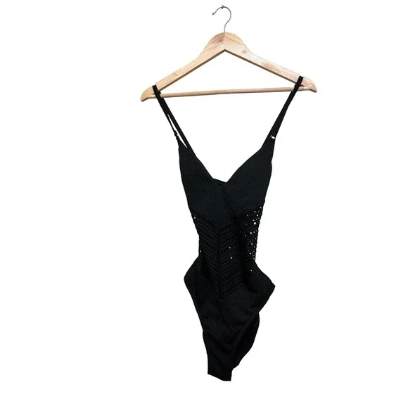 Robin Piccone Perla Black Crochet‎ One Piece Swimsuit 182613 Womens Size 10 NEW