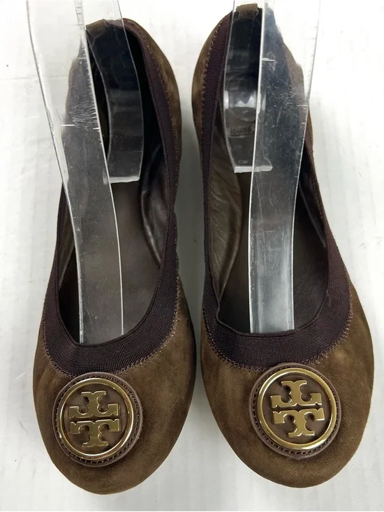 Tory Burch Brown Suede Logo Ballet Flats with Gold Emblem