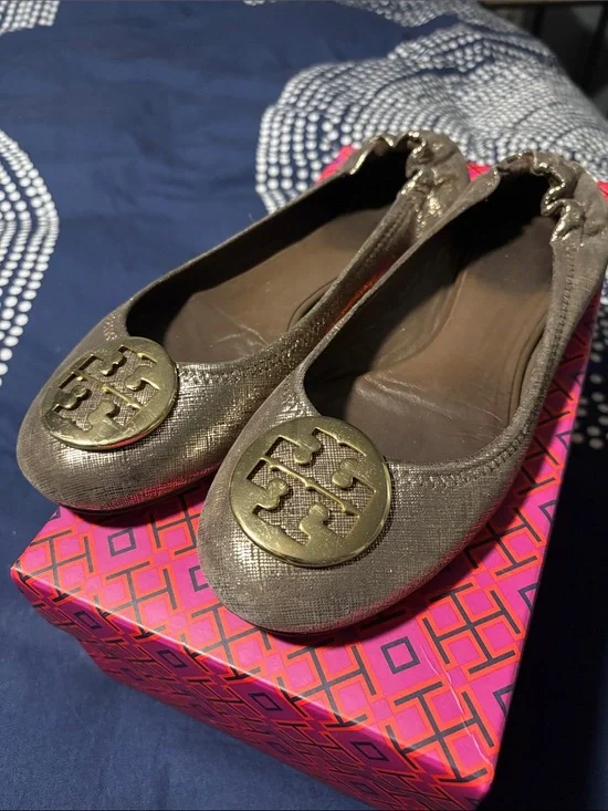 Tory Burch Metallic Bronze Logo Ballet Flats