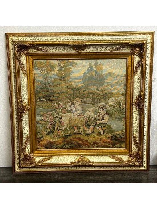Made in Italy Woven Tapestry Children Goat Ornate Gold Frame 29x29 Wall Art