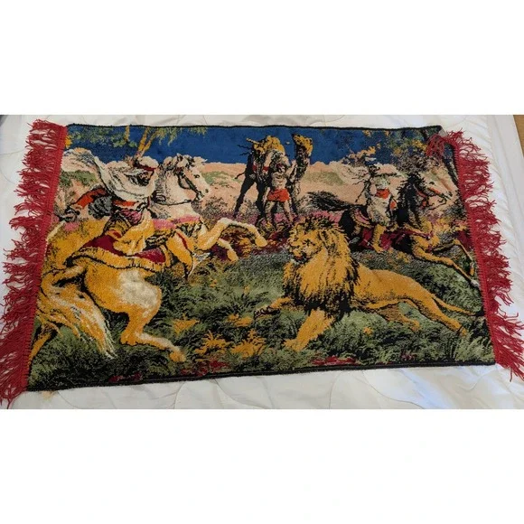 Arabian Nights Lion Hunt Scene Vintage Tapestry Camel Desert Wall Hanging Fringe