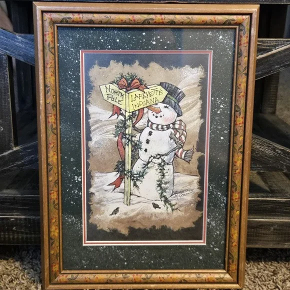 Marilyn‎ B Gerst Snowman Signpost Framed Christmas Print Hand Painted Indiana