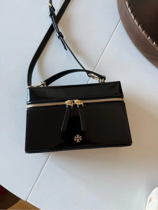 Tory Burch Emerson Black Patent Leather Top-Handle Crossbody with Gold Hardware