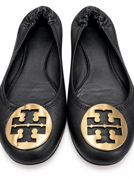 Tory Burch Black Leather Ballet Flats with Gold Logo Medallion size 8.5