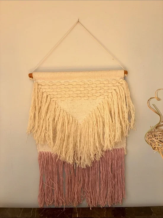 Boho Cream & Dusty Pink Woven Fringe Wall Hanging