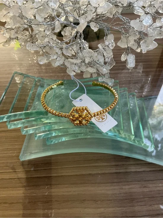 Tory Burch Hexagon Gold Logo Beaded Cuff Bracelet