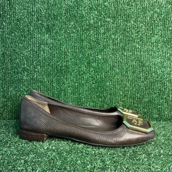 Tory Burch Georgia Hexagon Logo Leather Ballet Flat Dress Shoes Brown Womens 7M