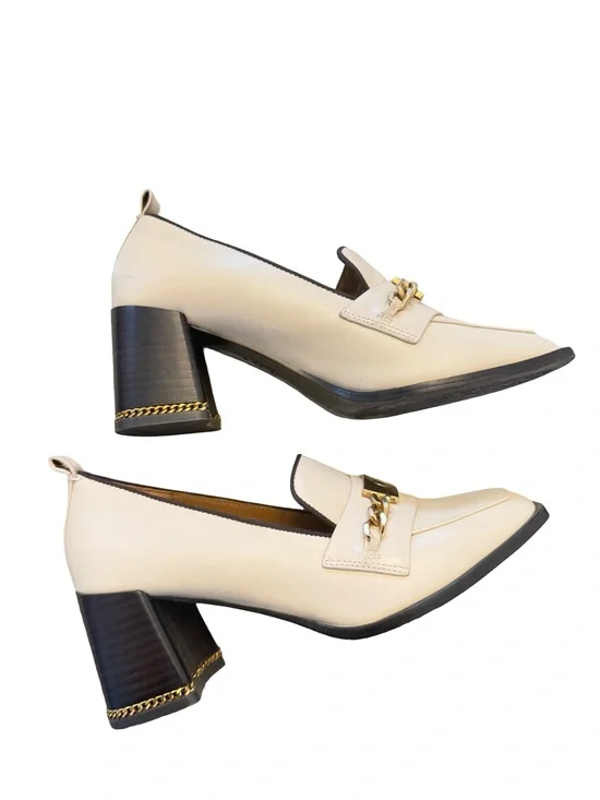 Tory Burch Cream Block Heel Loafers with Gold Chain and Brown