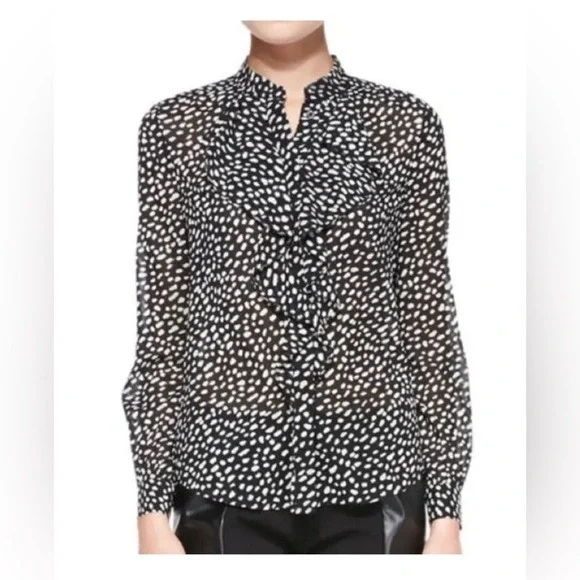Tory Burch Silk Ruffle Front Blouse Black White Print Size 2