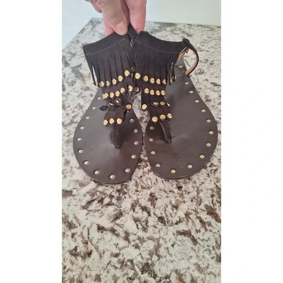 Tory Burch Brown Leather Fringe Studded Thong Sandals Gold Hardware 7.5M