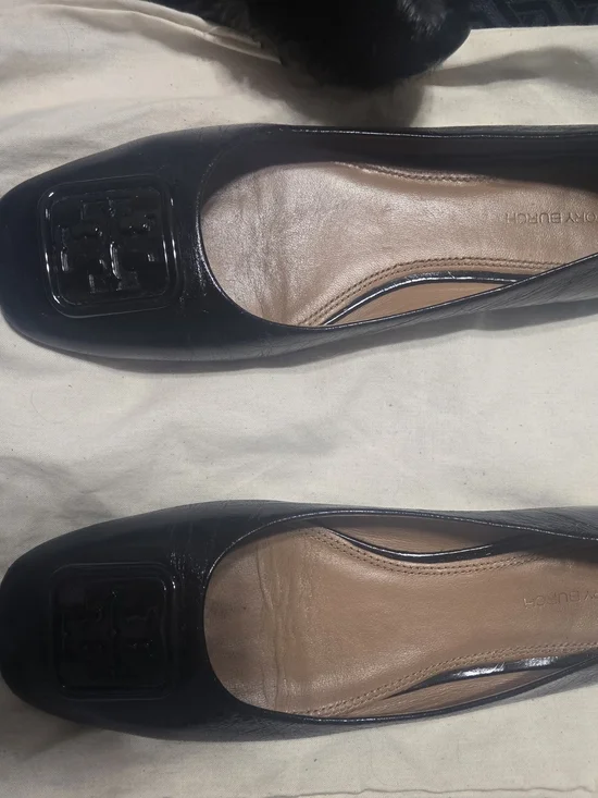 Tory Burch Black Patent Leather Logo Square-Toe Flats