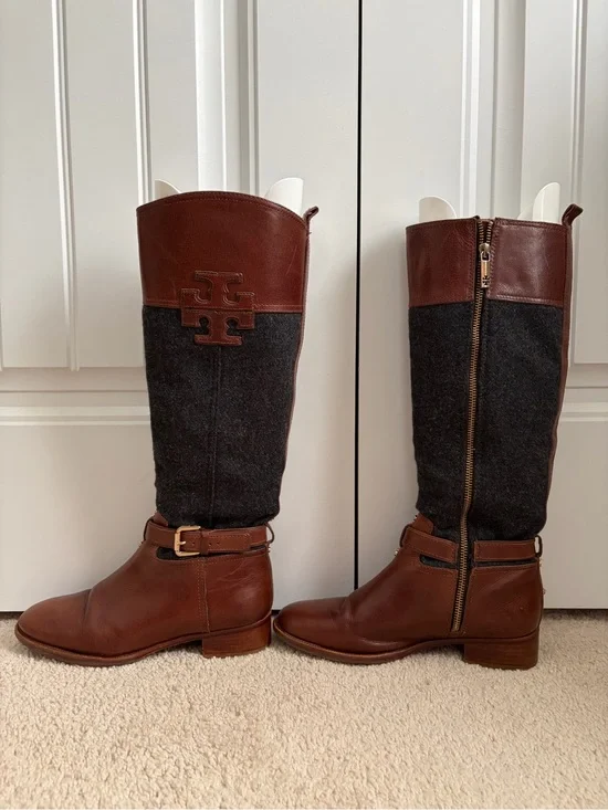 Tory Burch Blaire Low Heel Tall Riding Boots Brown Leather Gray Women's Size 8 M