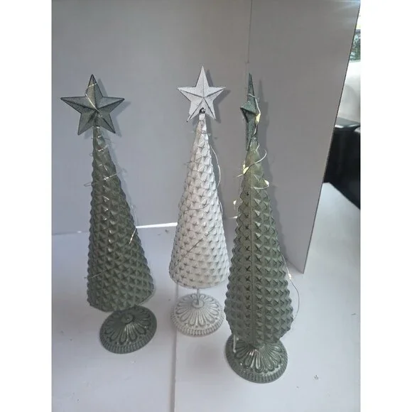Set of 3 Tabletop Artificial Decorated Christmas Trees Star Toppers, Lights
