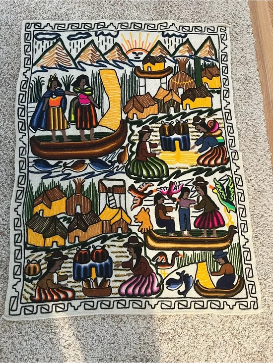 vintage Peruvian hand-embroidered wool tapestry 3’ 4” x 29”