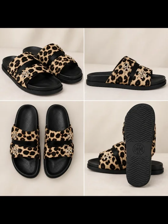 Tory Burch Leopard Print Double-strap Slide Sandals - Black/Beige