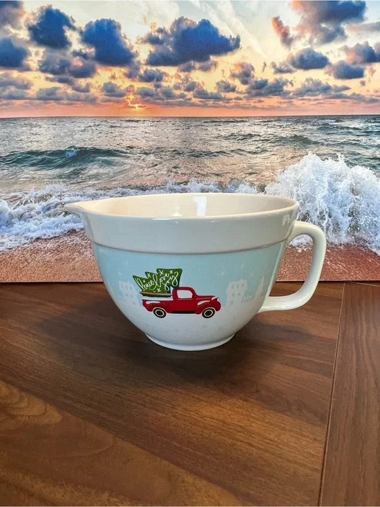 Ceramic Holiday Mixing Bowl with Red Truck Design - Light Blue & White