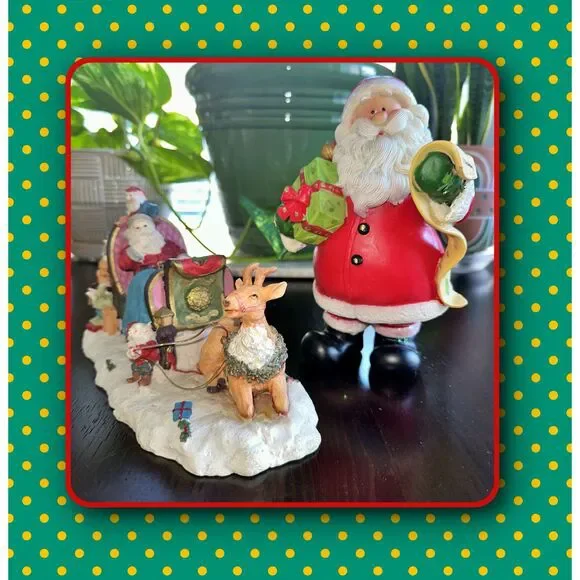 Vintage Santa w/ List & Santa Claus w/ Reindeer Sleigh Christams Figurines