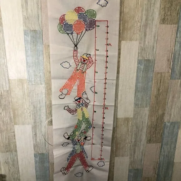 Vintage Hand-Crafted Embroidered & Cross Stitch Height Chart - Clown & Balloons