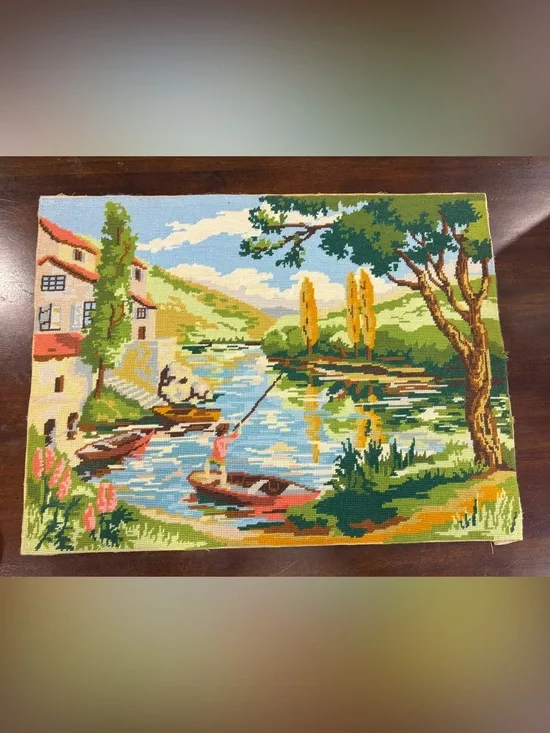 Vintage Needlepoint Tapestry French Country Fishing River Cottage Landscape 27x1