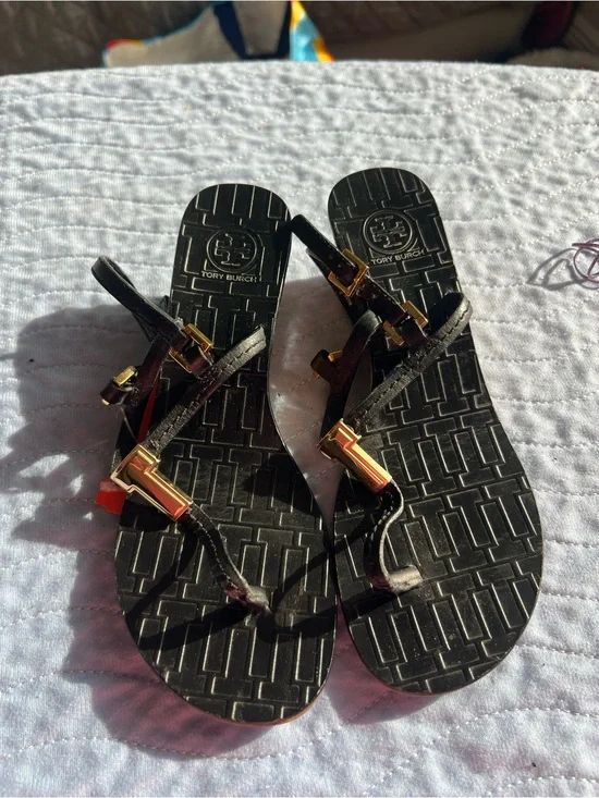 Tory Burch Black T-Strap Sandals with Gold Hardware