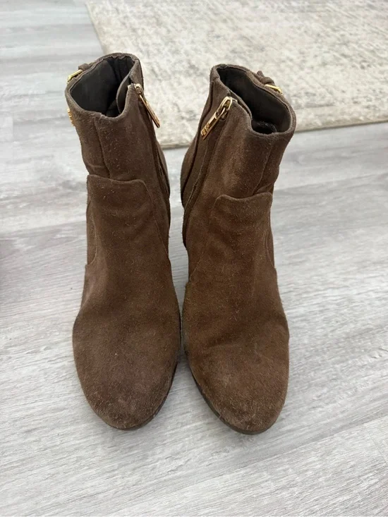 Tory Burch Brown Suede Ankle Booties with Gold Zipper Detail