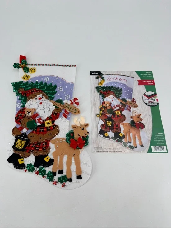 Bucilla 18” Lumberjack Santa Christmas Stocking Holiday Sparkle Sequin COMPLETED