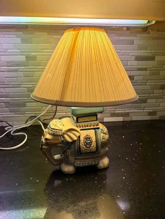 Vintage Ceramic Elephant Table Lamp Blue White Gold Accents With Shade