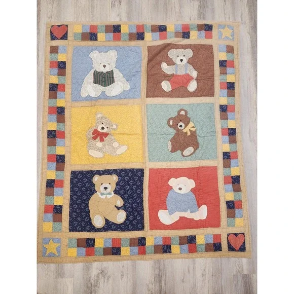 VTG Teddy Bear Quilt Wall Hanging/ Lap Hand Stitched Country‎ Farmhouse Folk Art